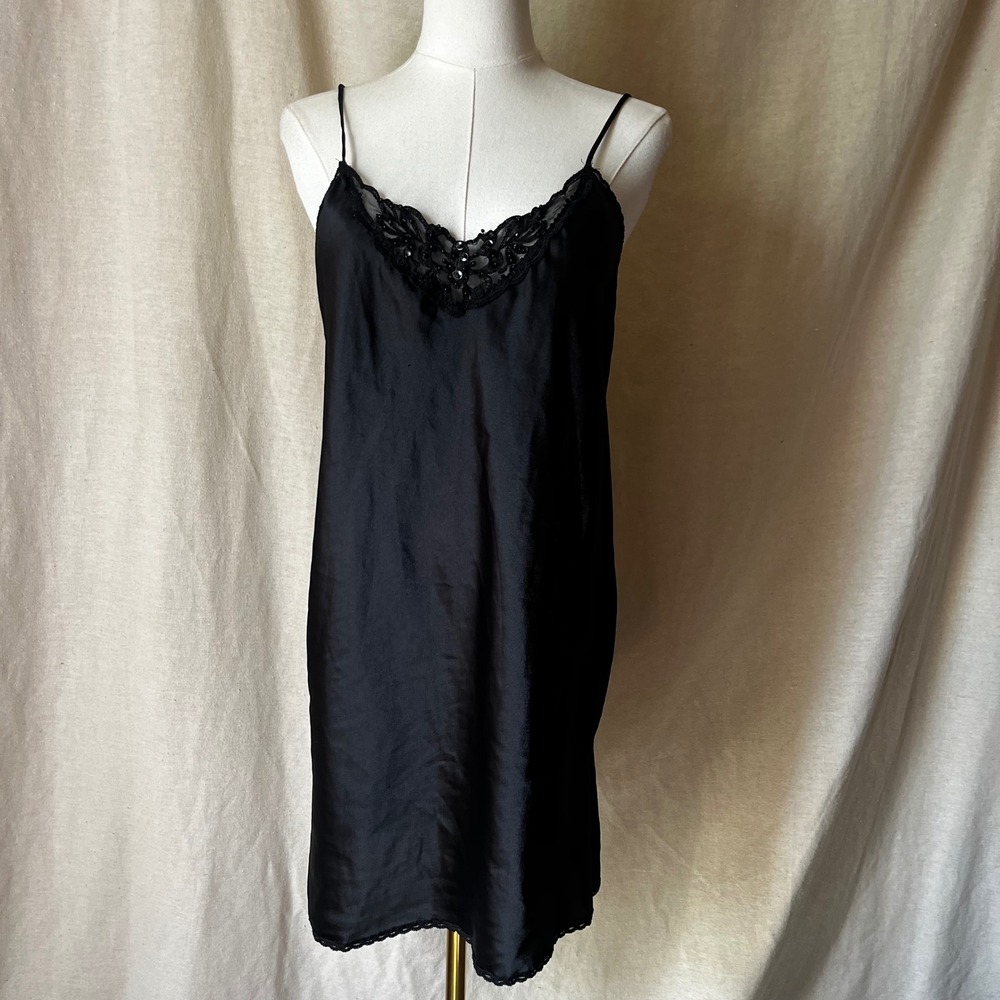 Vintage Black Satin Slip Nightgown Beaded Lace Trim Spaghetti Strap Chemise S/M